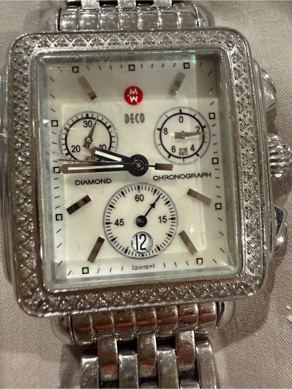 Michele Silver-Tone Diamond Dial Deco Chronograph Watch